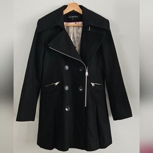 Via Spiga Black Asymmetrical Zip Pleated Hem Double Breasted Wool Coat Size 4